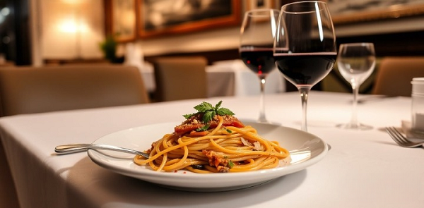 Thưởng thức vang đỏ Chianti khi ăn mì Spaghetti